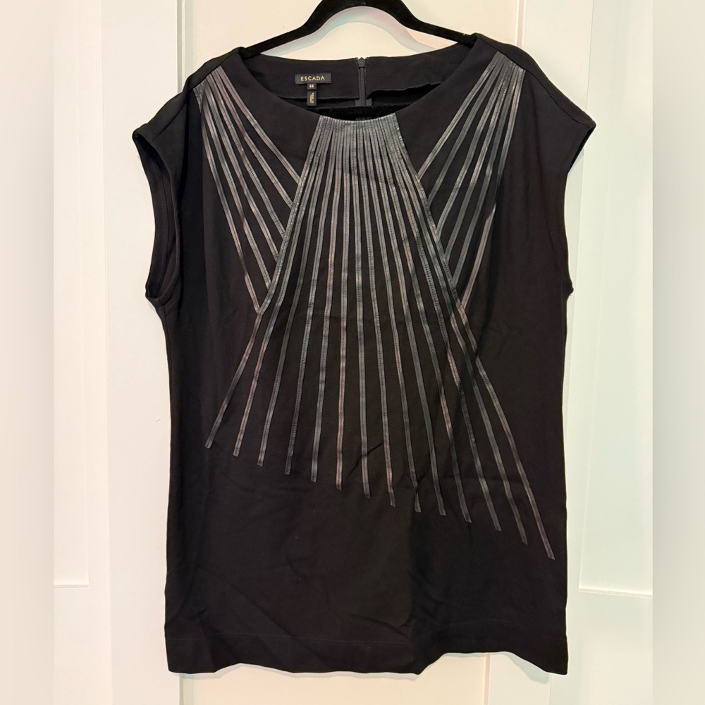 ESCADA Black Tunic With Lamb Leather Stripes Size 44 IS XL